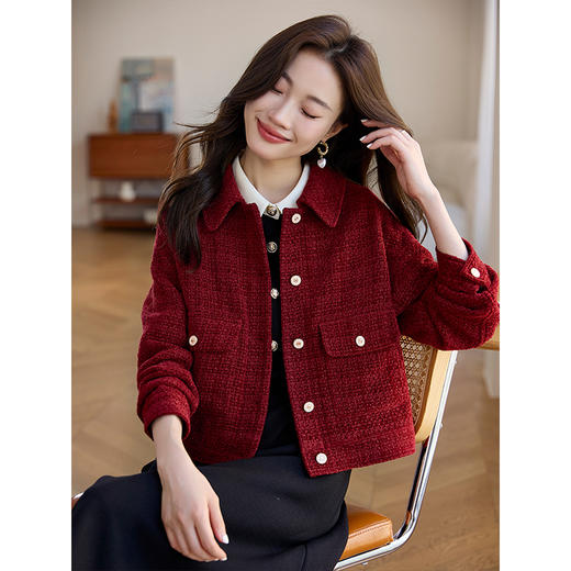 【年货节】熙世界轻奢绒感粗花呢小香风外套女小个子短款夹克上衣2025秋新款 商品图2