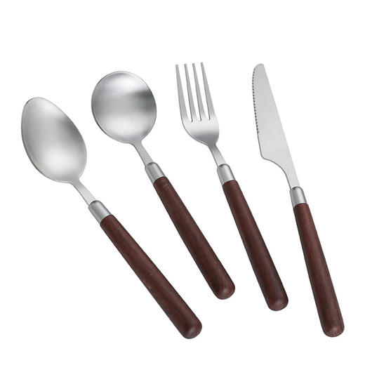 「9.9到手2支！颜值派」不锈钢复古木柄砂光餐具 牛排刀叉餐具仿木叉勺胡桃木刀叉勺餐饮用具四件套 商品图4