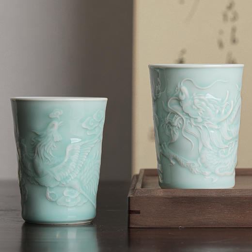 省大师雷慧仙出品龙泉青瓷粉青釉龙凤对杯可乐杯 商品图1