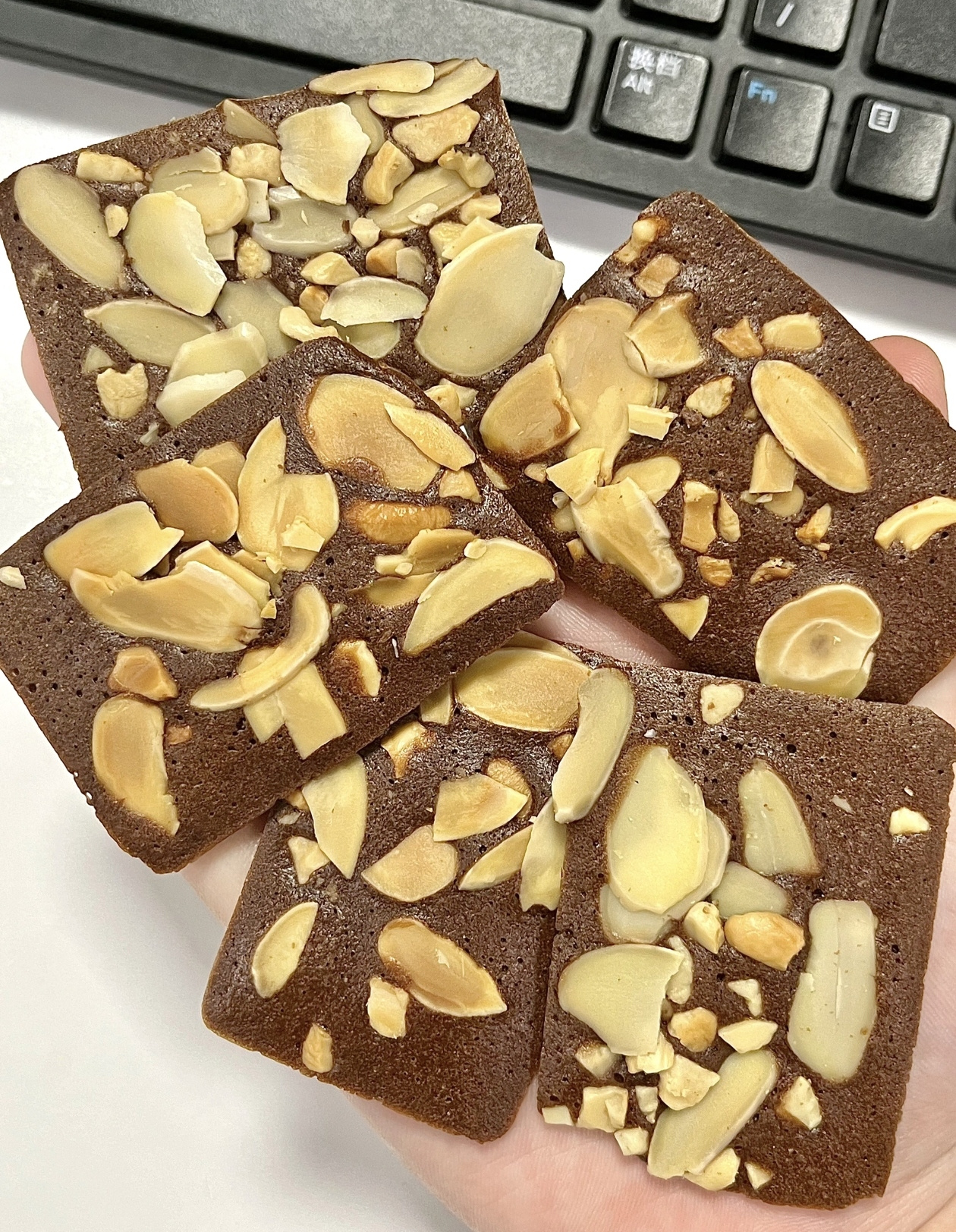 【甜原柿吉布朗尼脆片】 🍫黑巧微苦+🥥椰子清香！！ 10% 扁桃仁和5%腰果仁❗️ 料多到溢出来 1毫米厚的一片，每一片都洒满了坚果