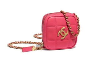 CHANEL香奈儿 链条格纹方形 小羊皮 单肩斜挎包女款粉色