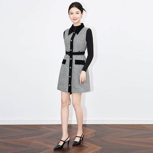 【高货wl】全新升级【铂金会员349/天猫469/差价120】(41013) 洛诗琳时尚通勤撞色系带款翻领亮丝背心裙长袖针织两件套 商品图3