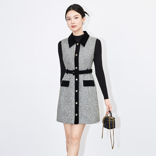 【高货wl】全新升级【铂金会员349/天猫469/差价120】(41013) 洛诗琳时尚通勤撞色系带款翻领亮丝背心裙长袖针织两件套 商品图2