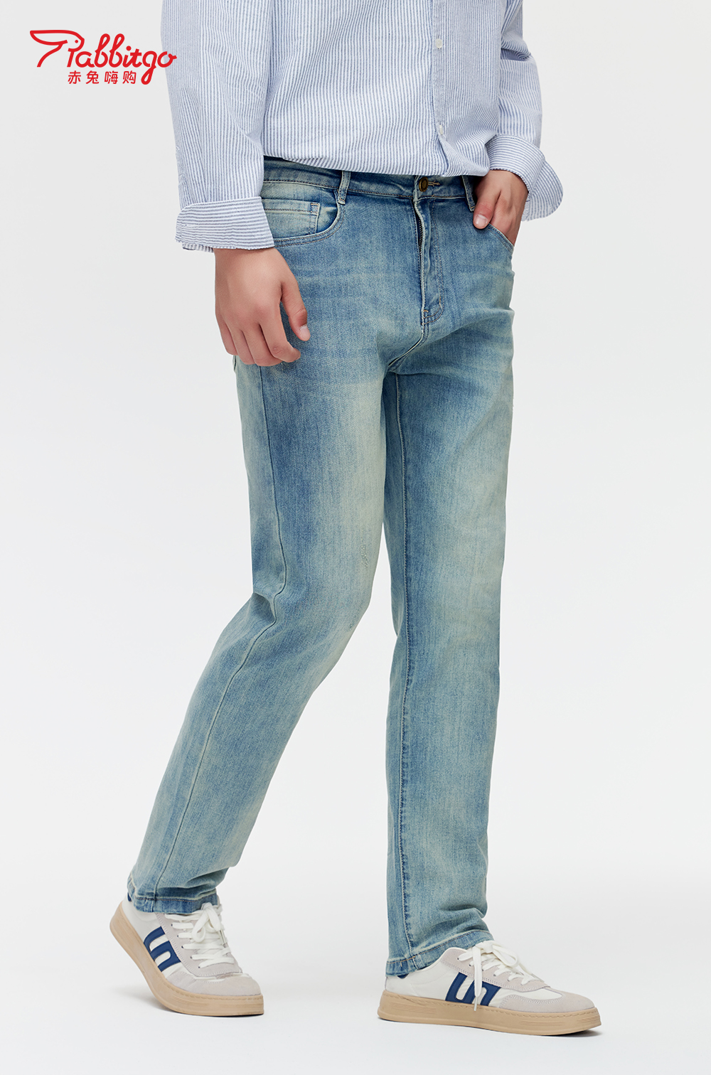 赤兔嗨购男装合身直筒弹力不束缚牛仔裤2024年秋冬新款水洗怀旧蓝长裤宽腿