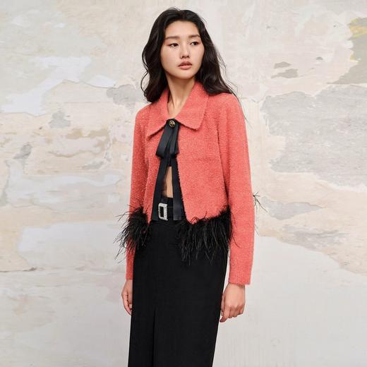 MAXRIENY*复古感枣红色鸵鸟毛蝴蝶结毛织上衣女 商品图0