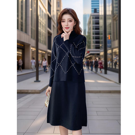 奢姿2025年秋季新款肥mm时尚显瘦大码女装菱形格毛织二件套套装9704950711 商品图1