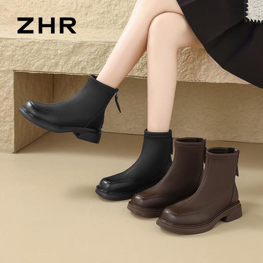 ZHR则则加绒短靴2024秋冬新款轻便外穿靴子平底英伦短靴女烟筒靴 商品图2