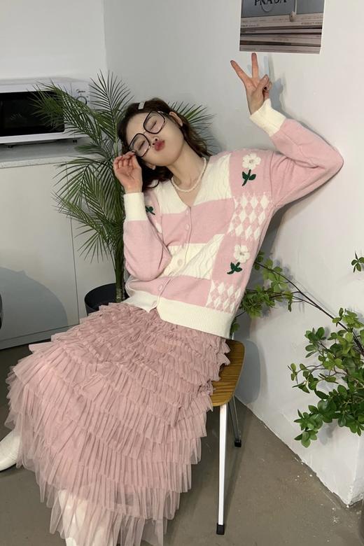 Stay2Weeks 甜美撞色棋盘格花卉针织外套 17573 商品图1