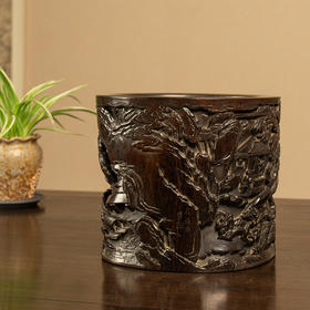 清 紫檀木高浮雕文人雅集随形笔筒