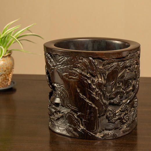 清 紫檀木高浮雕文人雅集随形笔筒 商品图4