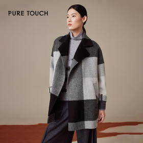 pure touch女士格纹设计感短款100%绵羊毛大衣1355244415