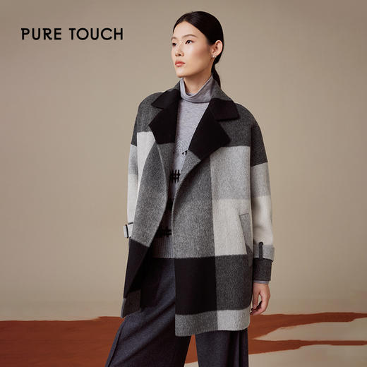 pure touch女士格纹设计感短款100%绵羊毛大衣1355244415 商品图0