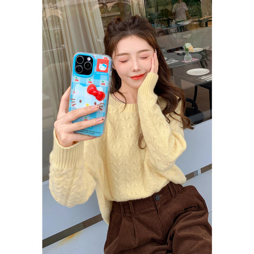 【严选】诗凡黎米色圆领绞花针织衫2024冬新款气质百搭宽松外搭毛衣女7FB131341 商品图4