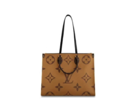 LOUIS VUITTON ONTHEGO GM#黑色肩带#经典老花满印 涂层帆布 托特包Tote包购物袋单肩手提包 大号 女款 棕色/焦糖色 黑色肩带