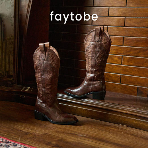 faytobe“见月”刺绣西部靴秋重水洗工艺民族风骑士靴牛皮长靴 商品图5