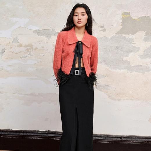 MAXRIENY*复古感枣红色鸵鸟毛蝴蝶结毛织上衣女 商品图2