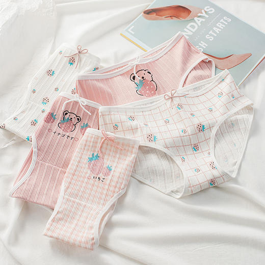 洁丽雅4条装中腰纯棉女士内裤可爱少女印花双层纯棉内裆舒适亲肤三角裤女 商品图4