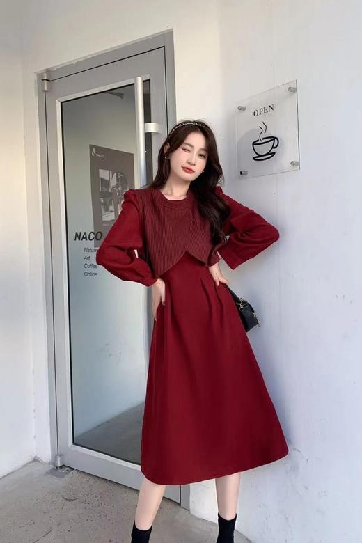 Le Malene 甜美款酒红色拼接式收腰连衣裙 17576 商品图3