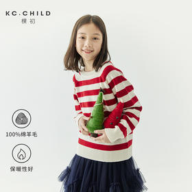 棵初24冬季儿童节日氛围感红条纹羊毛衫女童拼色保暖软糯针织毛衣