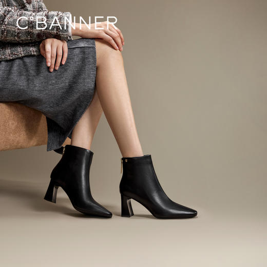 【静音系列】千百度粗高跟时装靴女秋冬羊皮洋气小短靴A24577252 商品图0