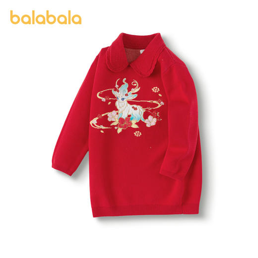 巴拉巴拉女童毛衣裙儿童连衣裙2025春装新款针织红色拜年刺绣裙子 商品图4