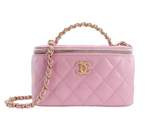 CHANEL香奈儿Logo手柄含镜子颗粒压花小牛皮盒子包手提包 卡片款粉色 商品图0