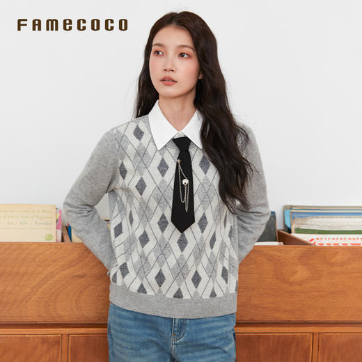 Famecoco范可儿针织衫含羊毛菱形刺绣通勤风套头毛衫女装春秋款FAB6DB005 商品图0