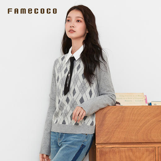 Famecoco范可儿针织衫含羊毛菱形刺绣通勤风套头毛衫女装春秋款FAB6DB005 商品图1