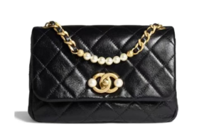 CHANEL香奈儿复古翻盖Vintage珍珠Logo小牛皮口盖包单肩斜挎包 芯片款 迷你黑色