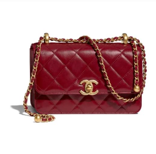 CHANEL香奈儿双金珠小金球链条小牛皮配金属口盖包零钱包单肩斜挎包迷你酒红色 商品图0