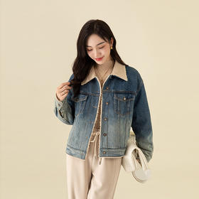 【高货xg】全新升级【铂金会员257/天猫349/差价92】(44025) 洛诗琳24冬季宽松百搭加厚保暖加绒渐变牛仔仿羊羔绒外套