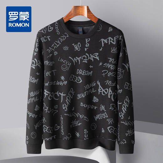 【含桑蚕丝加绒加厚】罗蒙秋冬男装满身印花加绒卫衣男秋冬保暖男士卫衣男套头T恤 商品图0