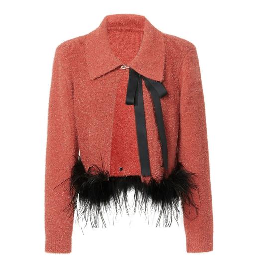 MAXRIENY*复古感枣红色鸵鸟毛蝴蝶结毛织上衣女 商品图1