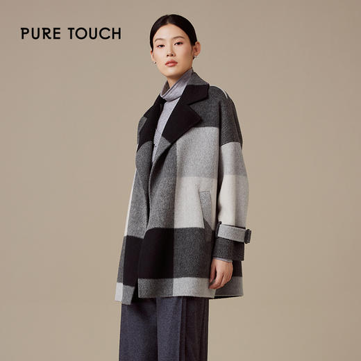 pure touch女士格纹设计感短款100%绵羊毛大衣1355244415 商品图2