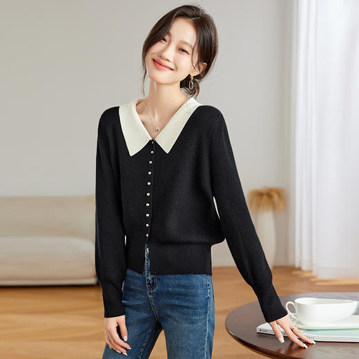 翻领针织开衫，拼色小香风洋气减龄打底上衣CC-JDS-8908 商品图1