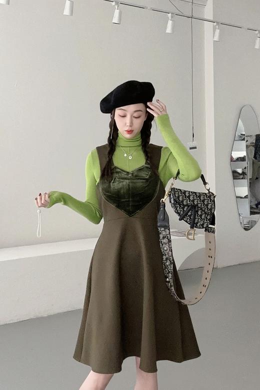 amadella 橄榄绿色爱心丝绒拼接阔型背心连衣裙 17578 商品图1