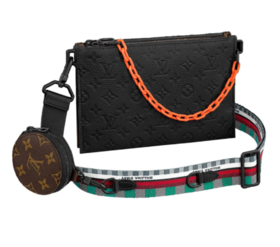 LOUIS VUITTON致敬Virgil纯色Logo印花帆布涂层配Taurillon皮圆形收纳包单肩手提斜挎包 黑棕色（缺圆饼收纳包）