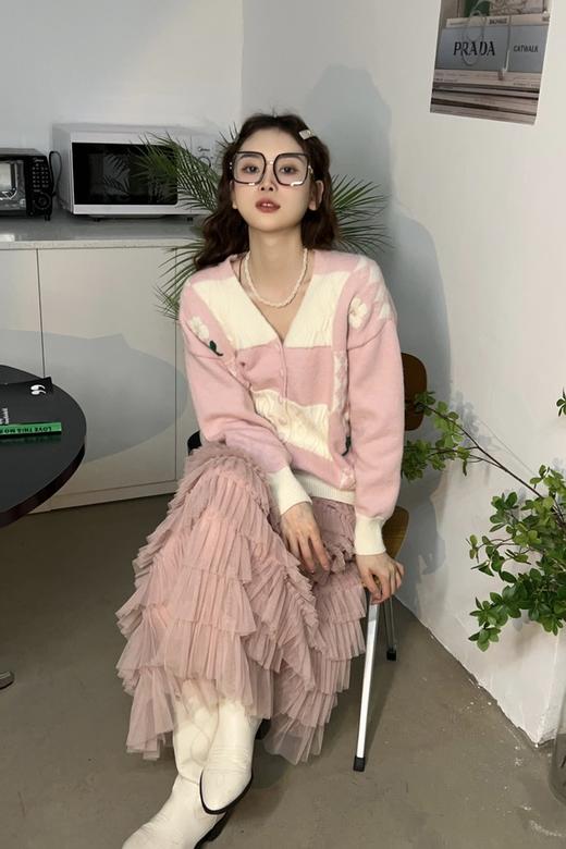 Stay2Weeks 甜美撞色棋盘格花卉针织外套 17573 商品图2