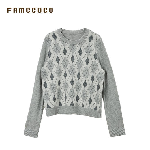 Famecoco范可儿针织衫含羊毛菱形刺绣通勤风套头毛衫女装春秋款FAB6DB005 商品图3