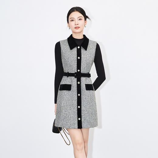 【高货wl】全新升级【铂金会员349/天猫469/差价120】(41013) 洛诗琳时尚通勤撞色系带款翻领亮丝背心裙长袖针织两件套 商品图1