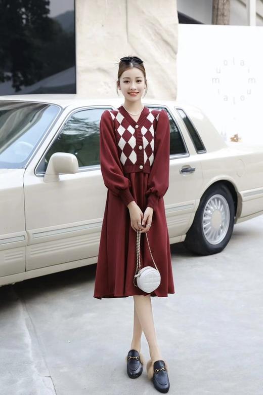 Stay2Weeks 复古红菱形格针织纹连衣裙 17659 商品图1