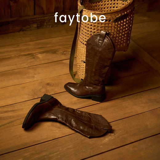 faytobe“见月”刺绣西部靴秋重水洗工艺民族风骑士靴牛皮长靴 商品图2