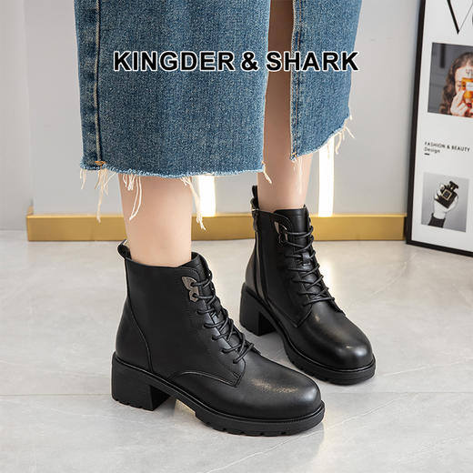 经典鲨女鞋2024年冬季新款百搭黑色侧拉链通勤加绒保暖短筒靴KW163-D58131 商品图0