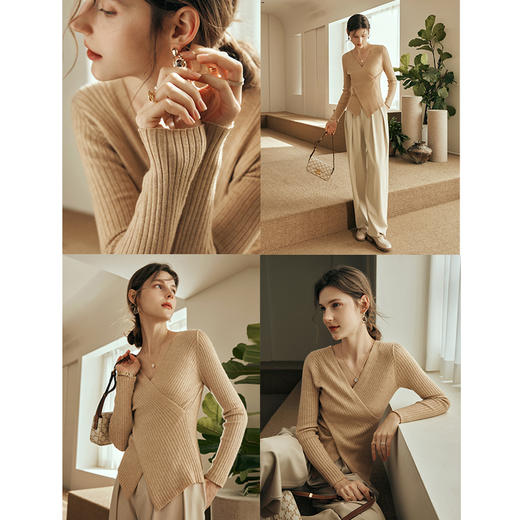 
OLrain欧芮儿纯色V领毛衣女秋季2024年新款修身不规则套头针织衫 商品图2