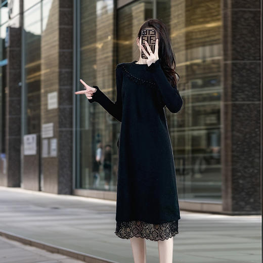 奢姿2024年冬装新款大码女装气质圆领连衣裙胖妹妹蕾丝钉珠裙子5224802590 商品图3