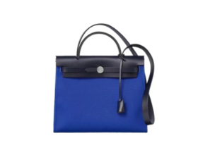 HERMES 爱马仕 Herbag Zip 31牛皮拼帆布 银扣手提单 Z刻 肩斜挎包男女同款 黑色/海军蓝