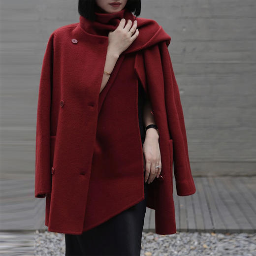 【顺丰包邮】34050 洛诗琳秋冬高级感韩版围巾款骆驼绒毛呢大衣0612 商品图0