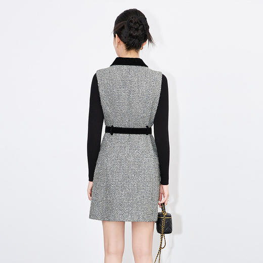 【高货wl】全新升级【铂金会员349/天猫469/差价120】(41013) 洛诗琳时尚通勤撞色系带款翻领亮丝背心裙长袖针织两件套 商品图4