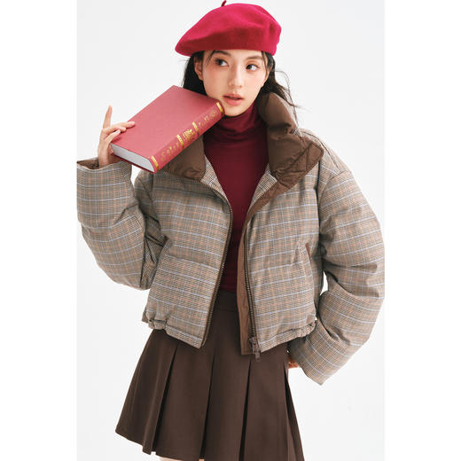 【严选】【90鸭绒】诗凡黎复古格纹羽绒服2024冬新款撞色洋气保暖短款外套7FA480231 商品图2