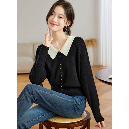 翻领针织开衫，拼色小香风洋气减龄打底上衣CC-JDS-8908 商品图3
